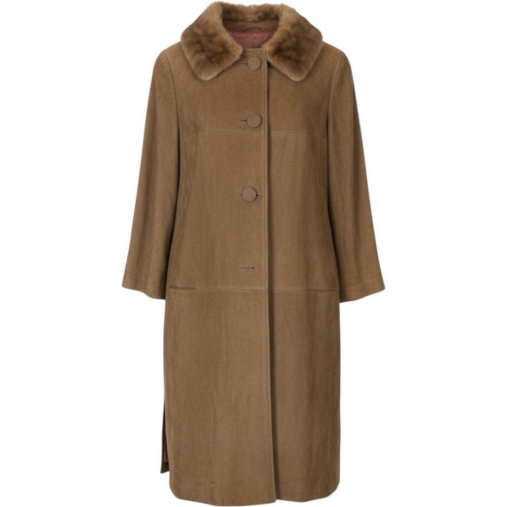 Vintage Annshire Original Suede Coat Faux Fur Collar Tan Brown 60s Union made